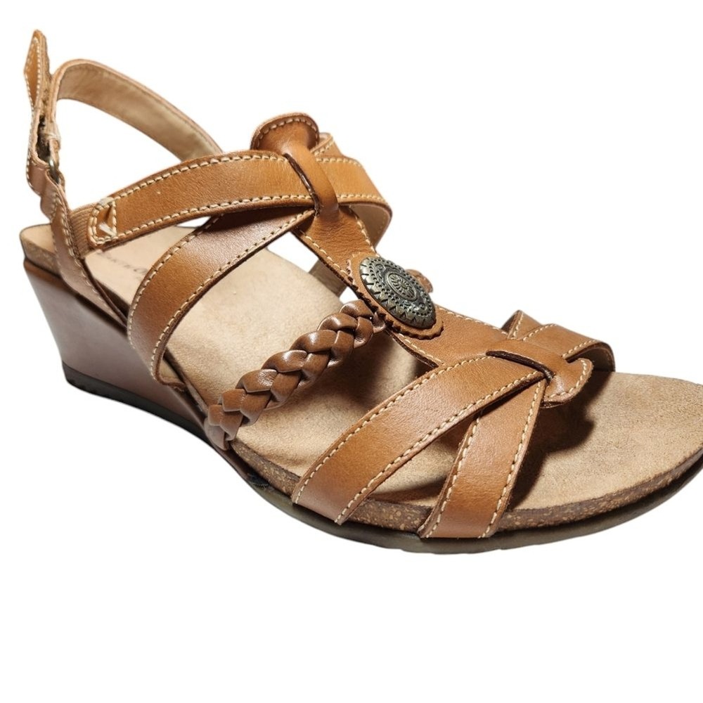 Women's Brown Braided Leather Wedge Sandals Size 10 Tribal Earthy Neutral